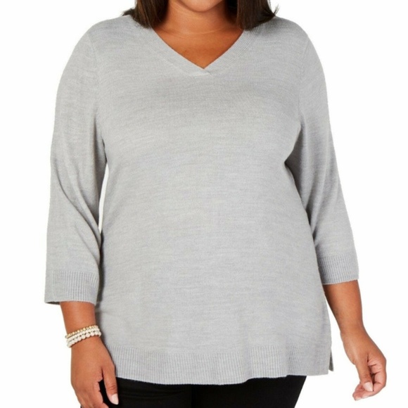 Karen Scott Sweaters - 3X Karen Scott Plus Luxsoft Gray V Neck Sweater